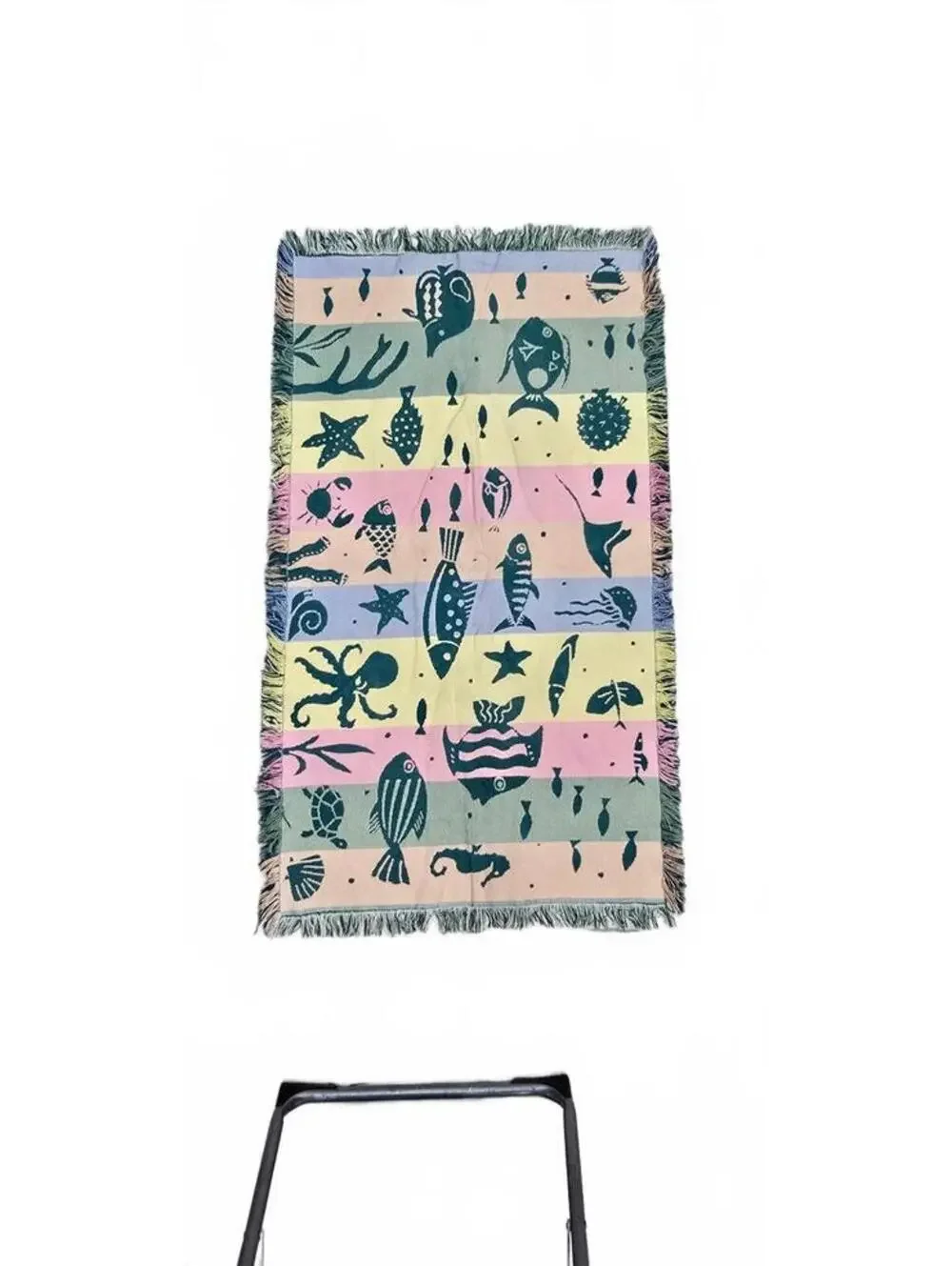 Reversible Ocean-Themed Woven Rug with Fringe Edges